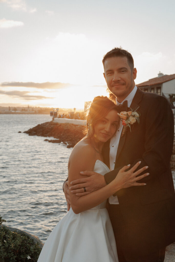 AJ and Janel during romantic golden-hour wedding portraits in San Diego