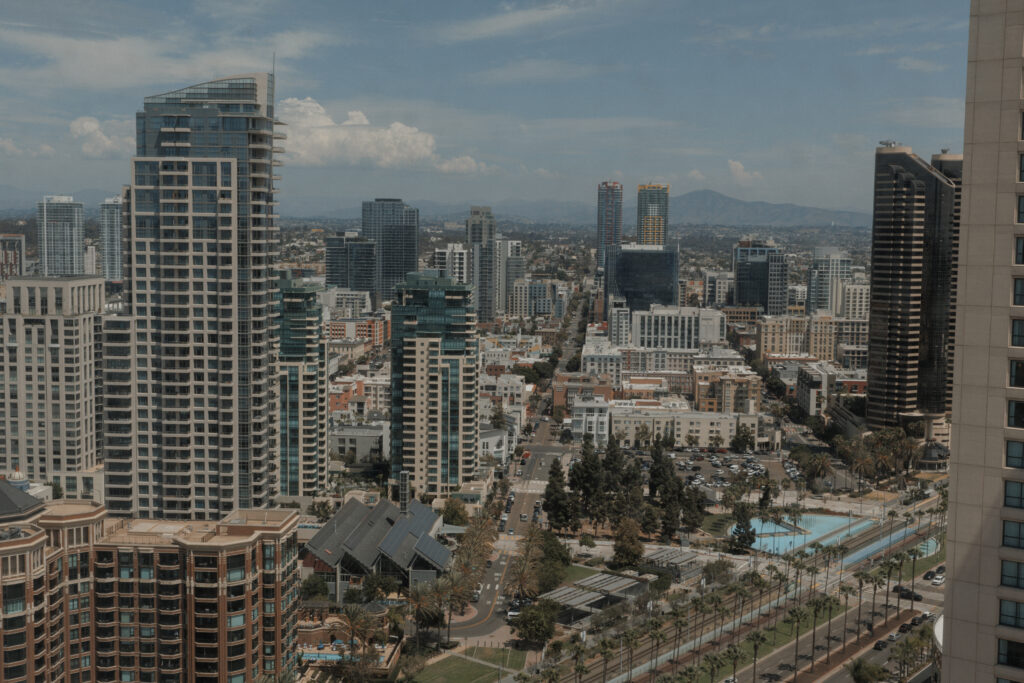 Malibu Farm San Diego waterfront venue surrounded by the San Diego cityscape